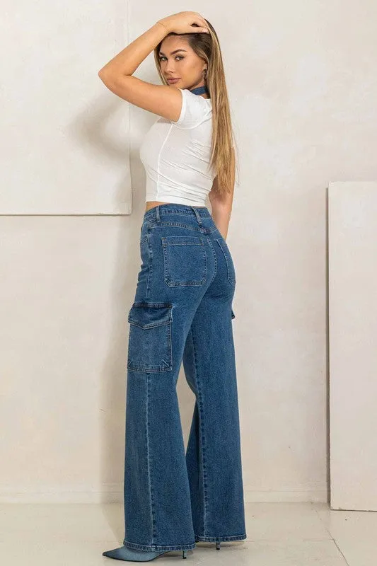 Memory High Rise Crossed Waist Cargo Wide Jeans [online exclusive]