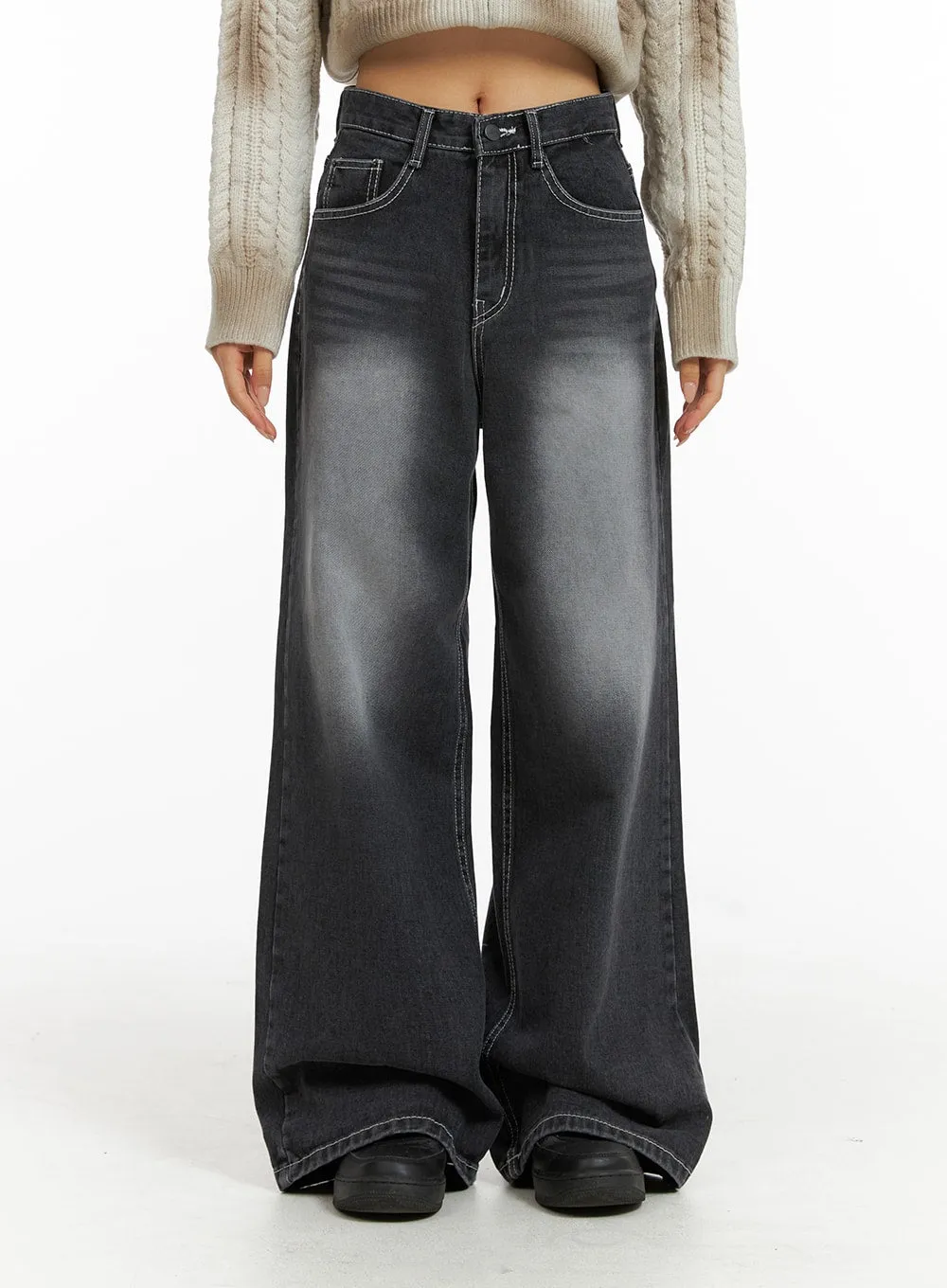 Mid Waist Washed Button Wide Leg Jeans CJ409