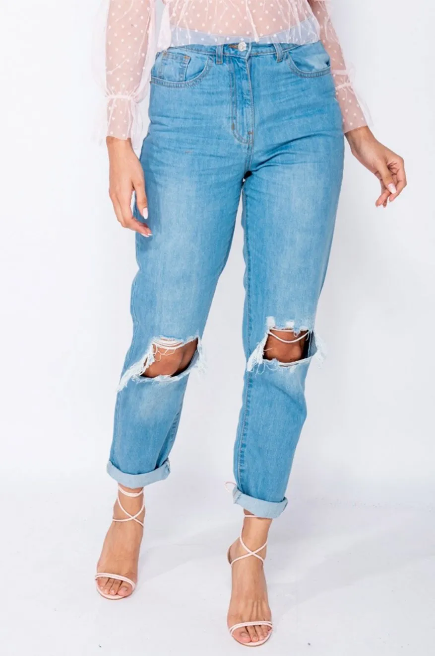 Mom jeans blu a vita alta con strappi