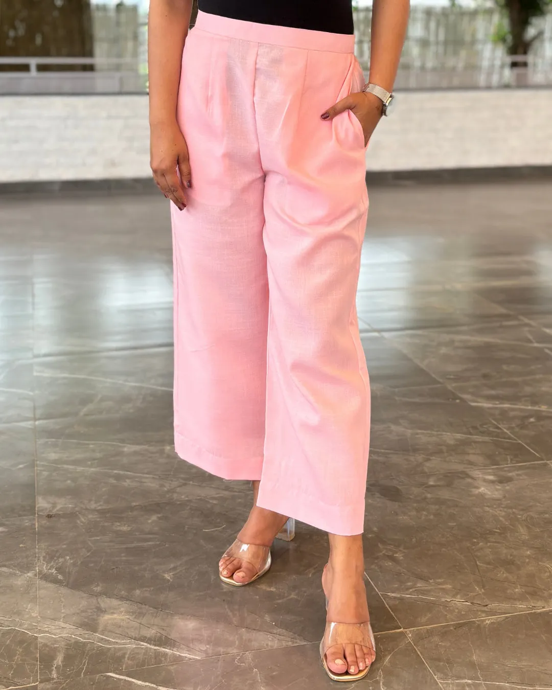 Pink Solid Cotton Slub Pants