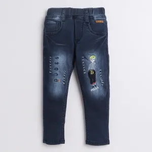 Polka Tots Dude Embroidery Denim Pants - Blue