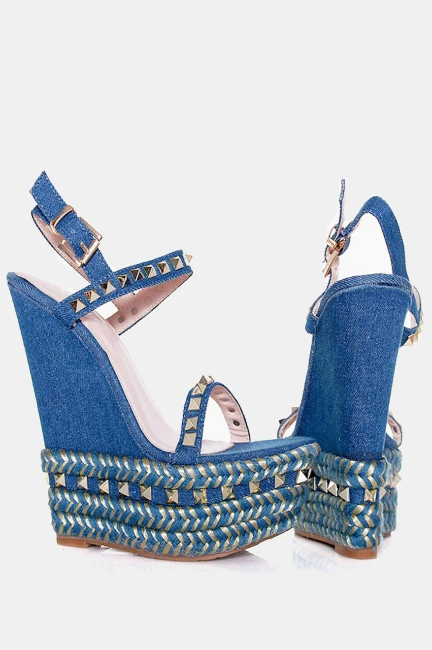 Sandali con zeppa in jeans e borchie Togo Blu