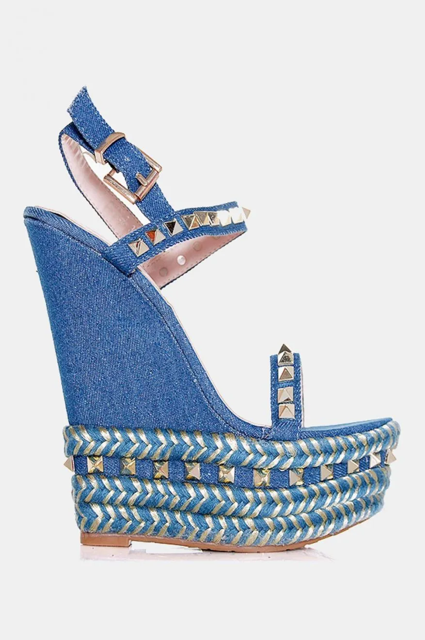 Sandali con zeppa in jeans e borchie Togo Blu