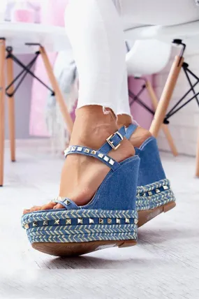 Sandali con zeppa in jeans e borchie Togo Blu