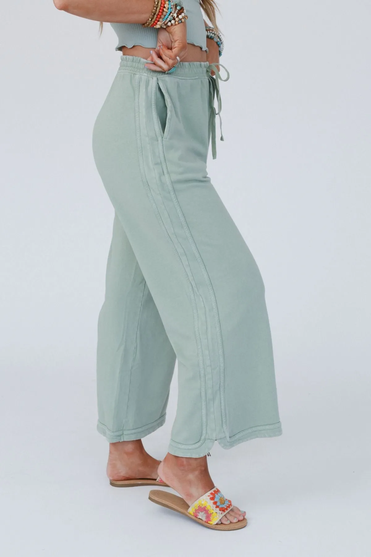 So Comfy Wide Leg Pant Cropped Length - Sage