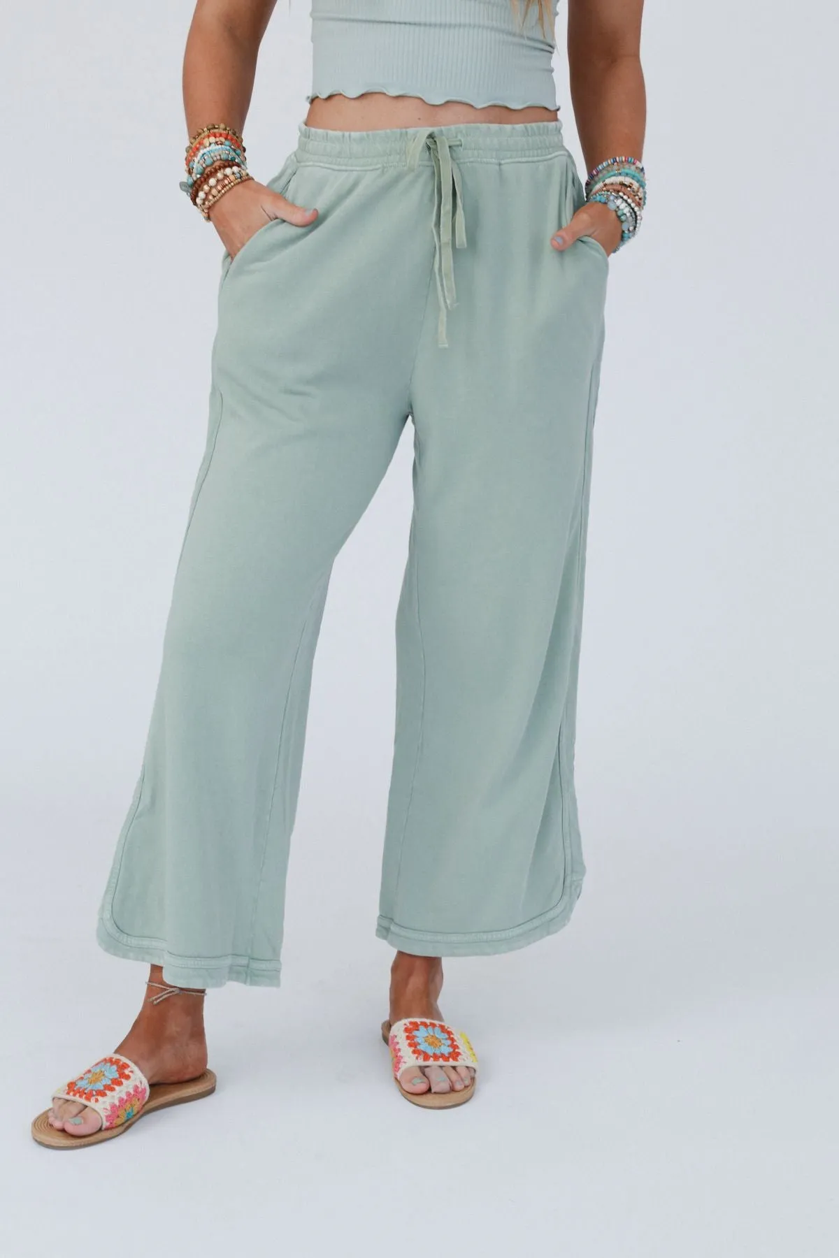 So Comfy Wide Leg Pant Cropped Length - Sage