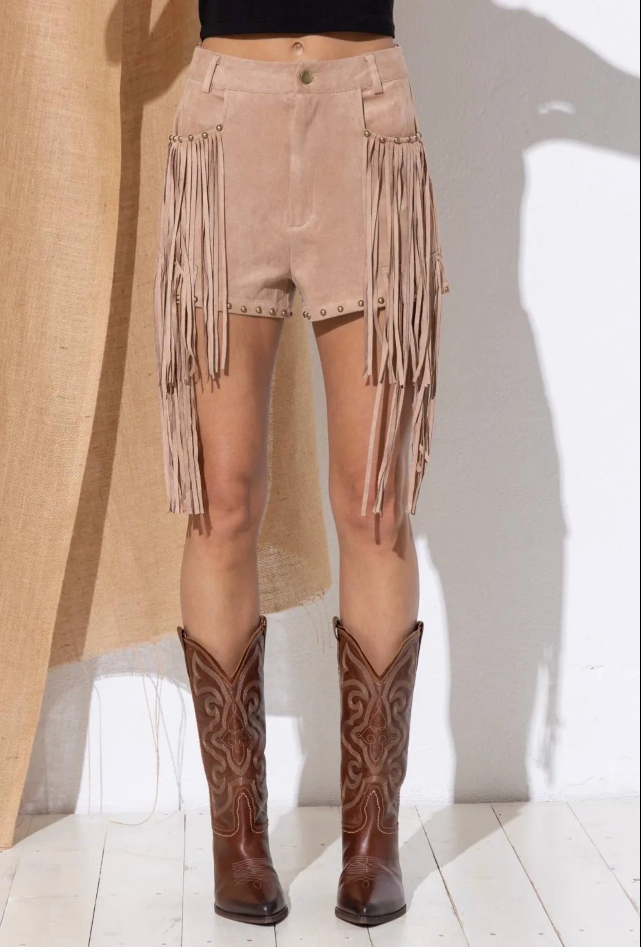 Suede Studded Fringe Western Shorts