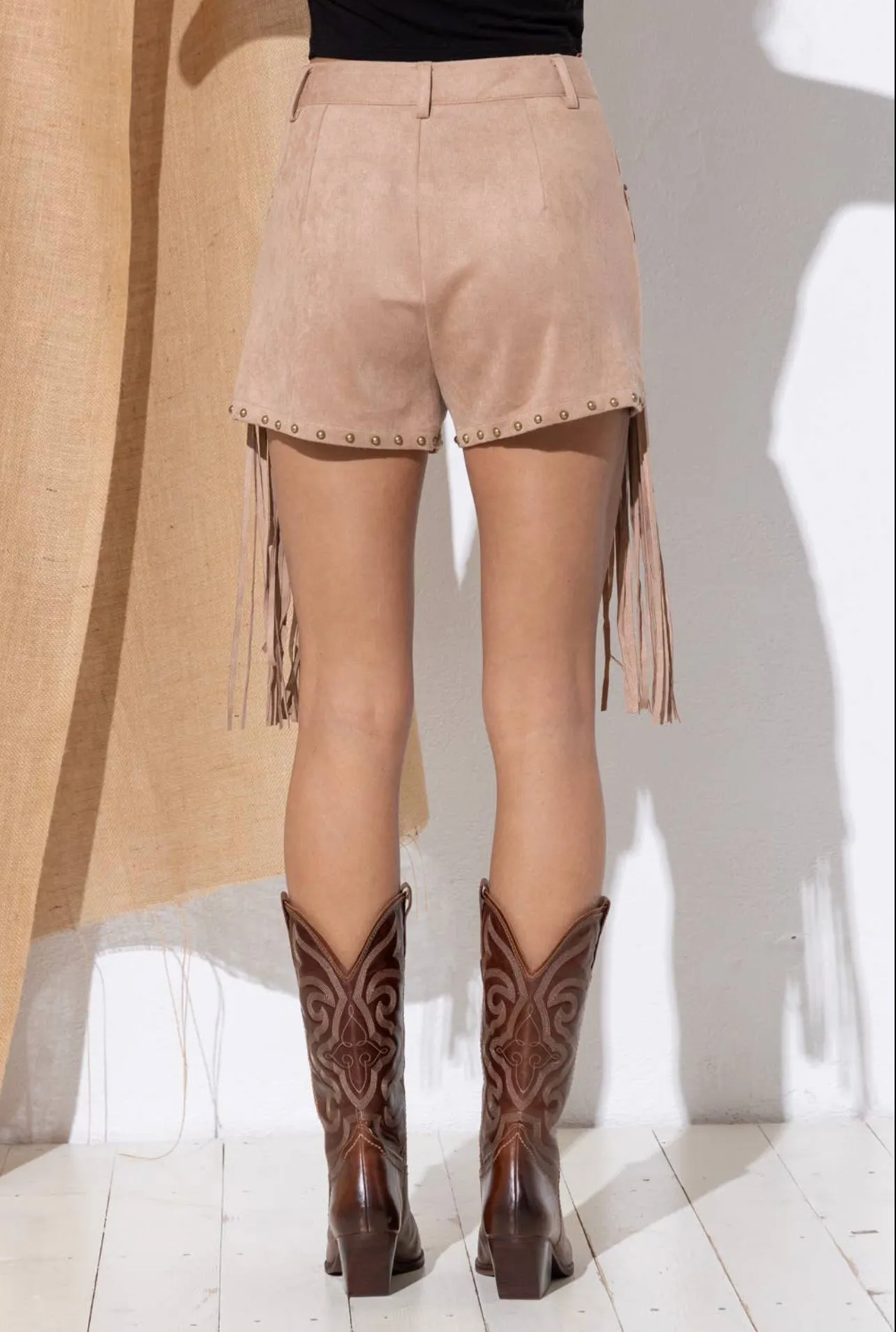 Suede Studded Fringe Western Shorts