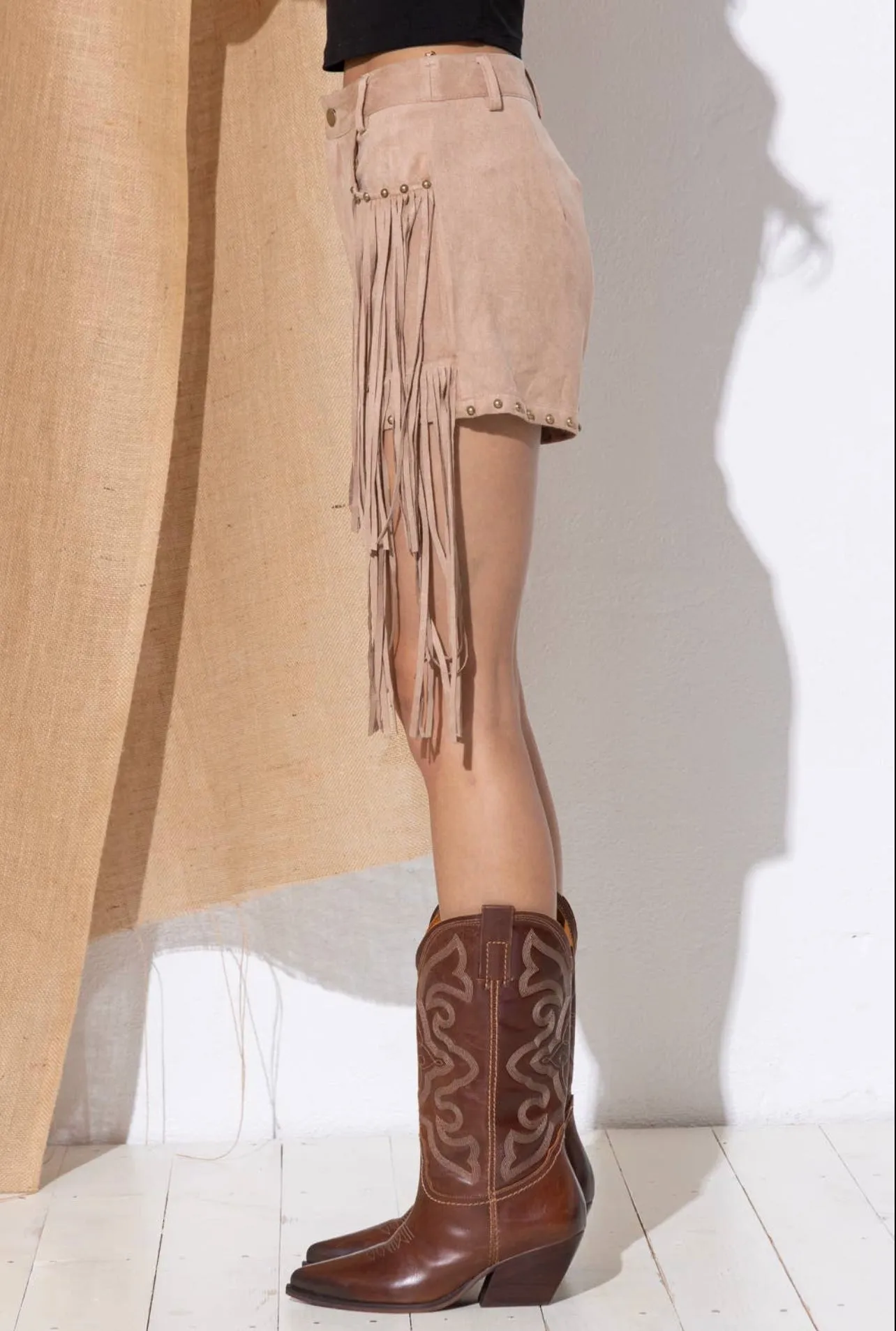 Suede Studded Fringe Western Shorts