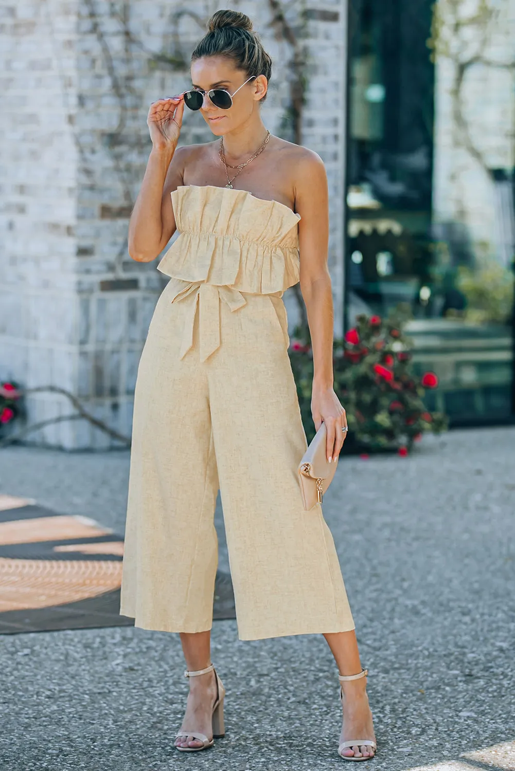 Sunset and Swim Ruffled Strapless Wide Leg Jumpsuit