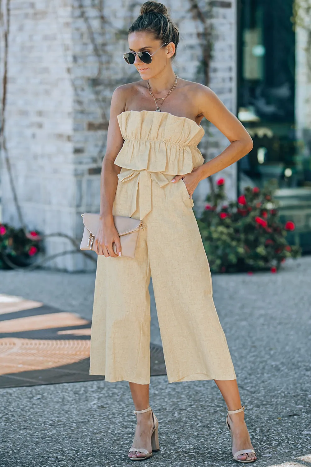 Sunset and Swim Ruffled Strapless Wide Leg Jumpsuit