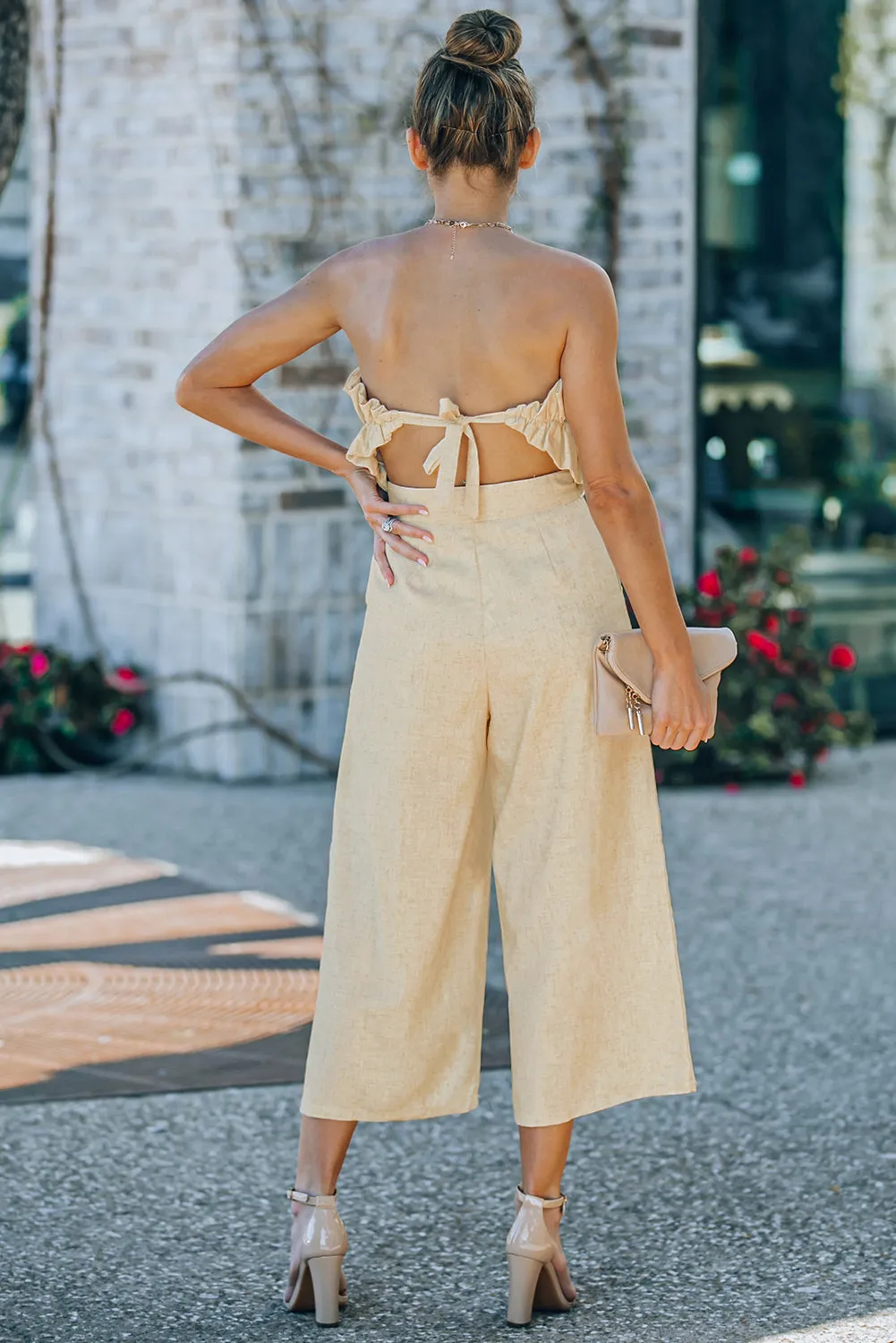 Sunset and Swim Ruffled Strapless Wide Leg Jumpsuit