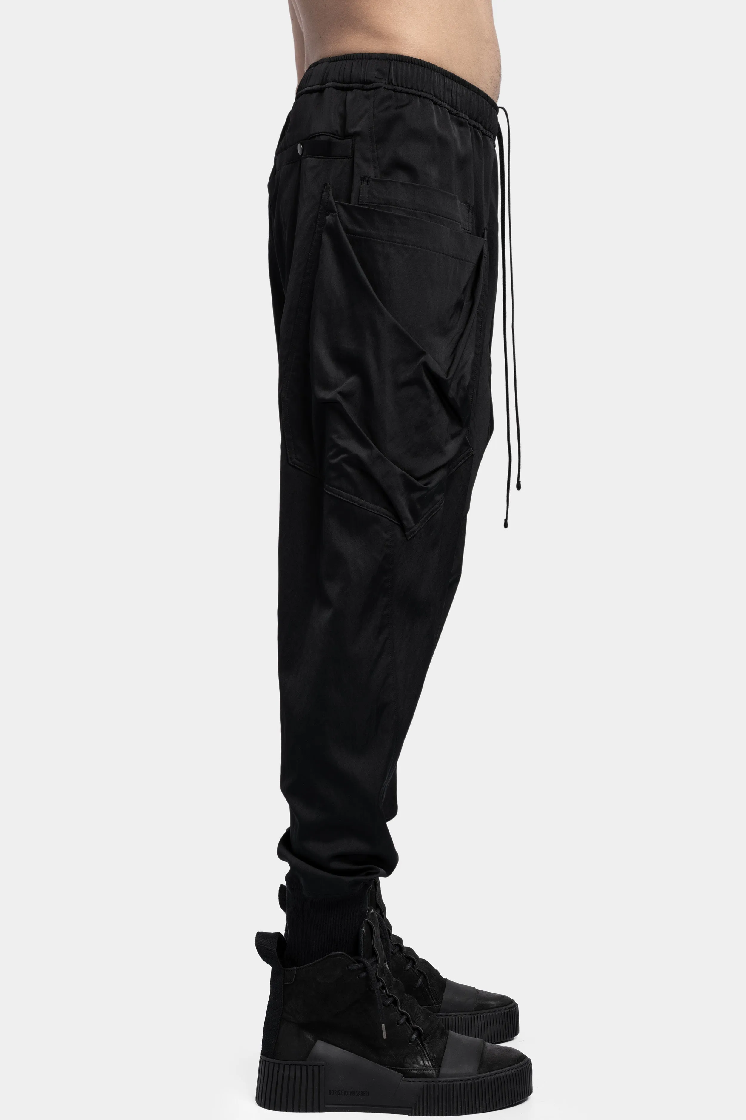 Viscose satin drop crotch cargo joggers